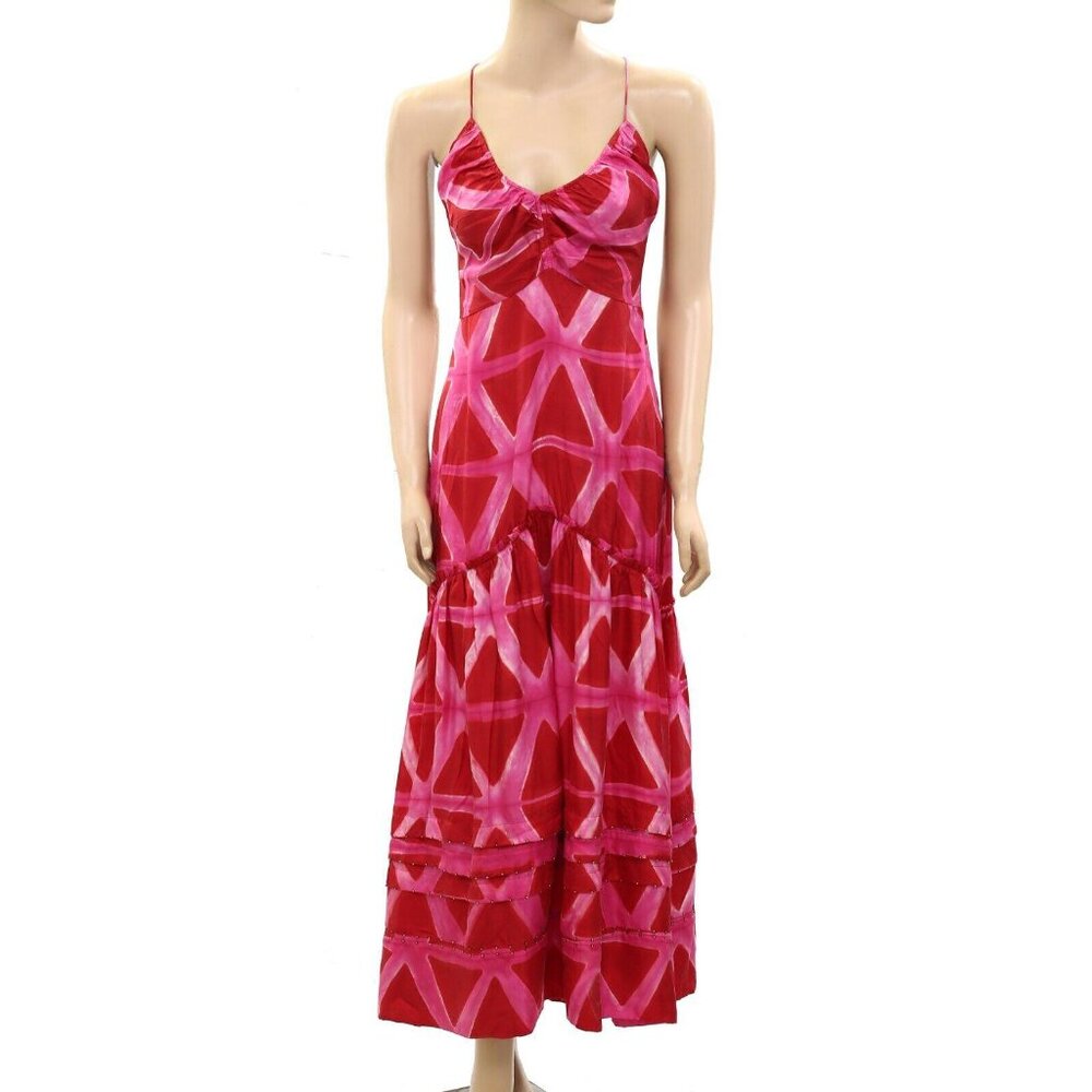 Ilio Nema Silk Tie & Dye Printed Maxi Long Dress Sleeveless Ruffle XS New 272112